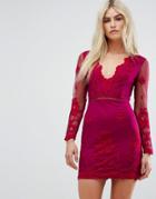 Love Triangle Long Sleeve Embroidred Mesh Mini Dress With Plunge Neck - Red