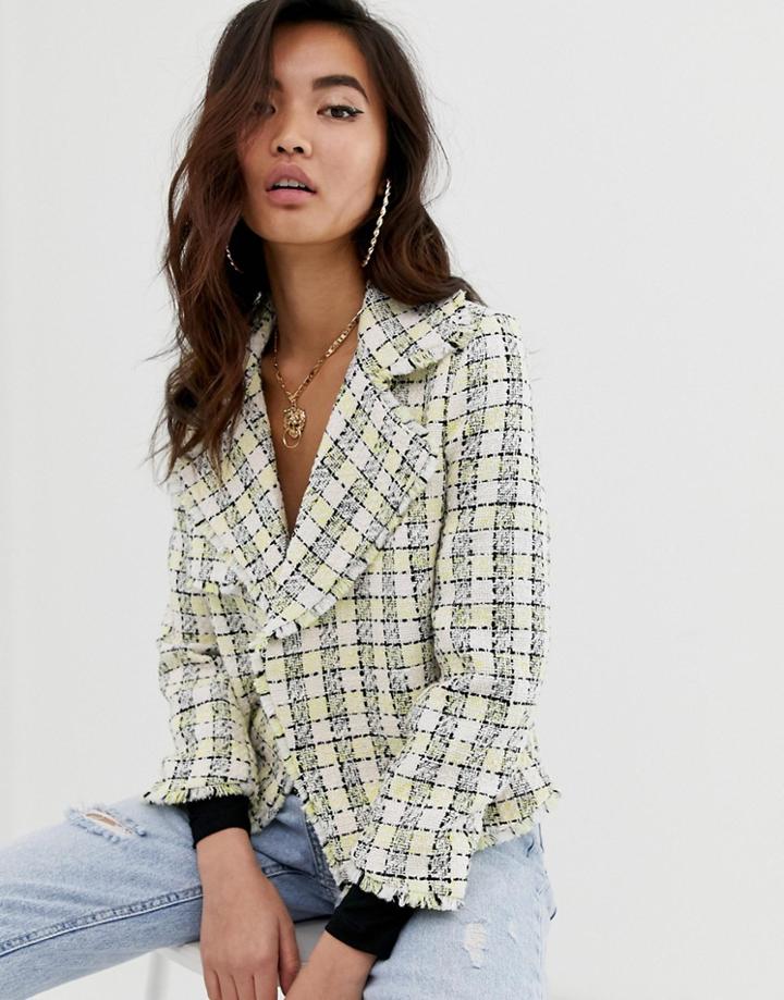 River Island Cropped Blazer In Yellow Boucle