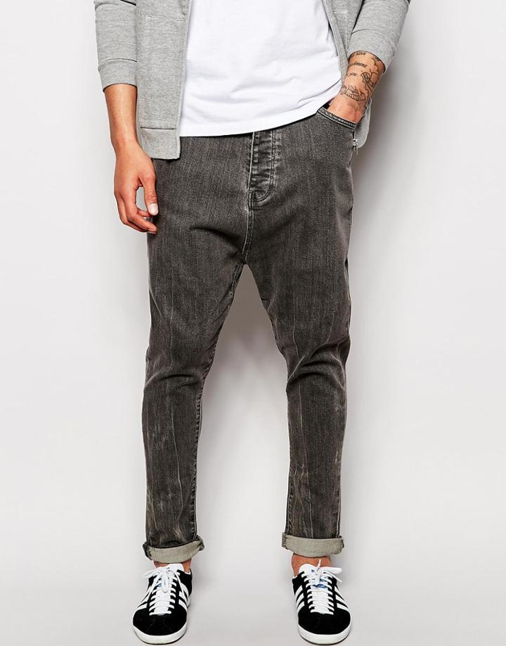 Asos Drop Crotch Jeans In Washed Gray - Gray