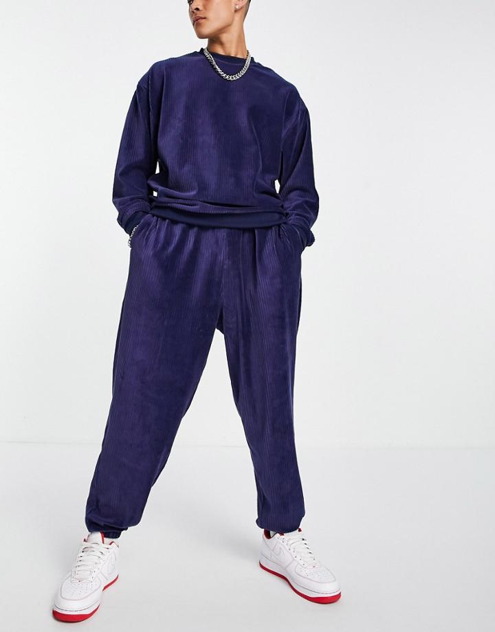 Asos Design Super Oversized Sweatpants In Ribbed Velour Navy - Part Of A Set