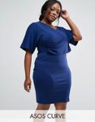 Asos Curve Kimono Drape Wiggle In Crepe - Navy