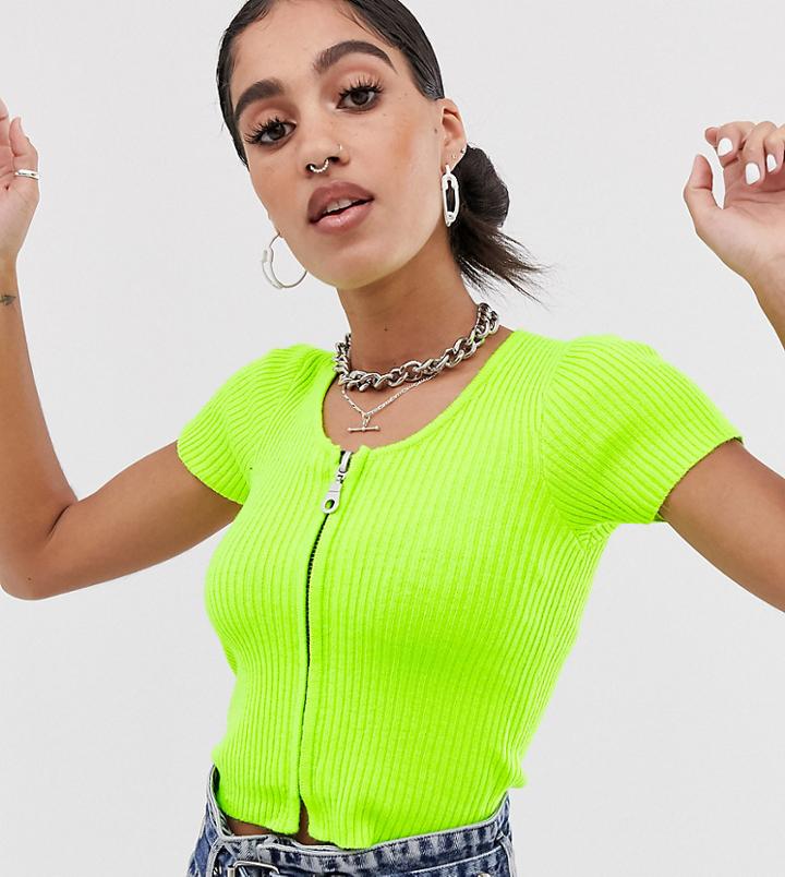 The Ragged Priest Zip Front Knitted Crop Top In Rib - Green