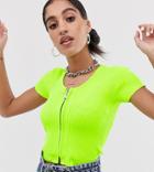 The Ragged Priest Zip Front Knitted Crop Top In Rib - Green