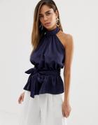 Asos Design Halter Top With Tie Detail In Satin-blue