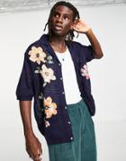 Asos Design Knit Mesh Button Up Shirt With Woven Florals In Navy