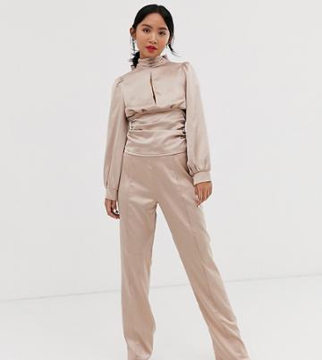 Outrageous Fortune Petite Wide Leg Satin Pants In Mocha-cream
