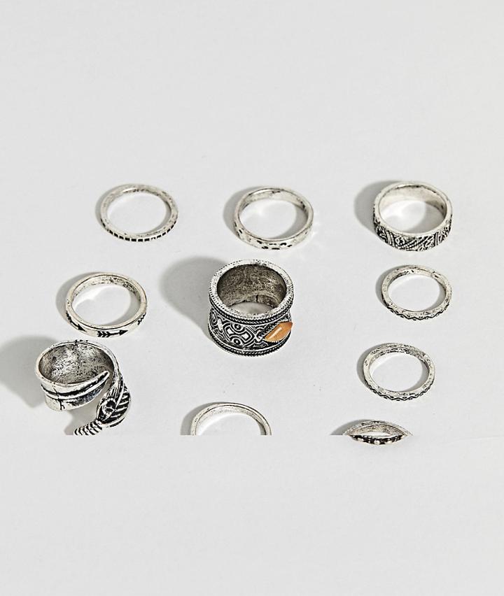 Asos Design Ring Pack With Stone Interest And Feather In Burnished Silver - Silver