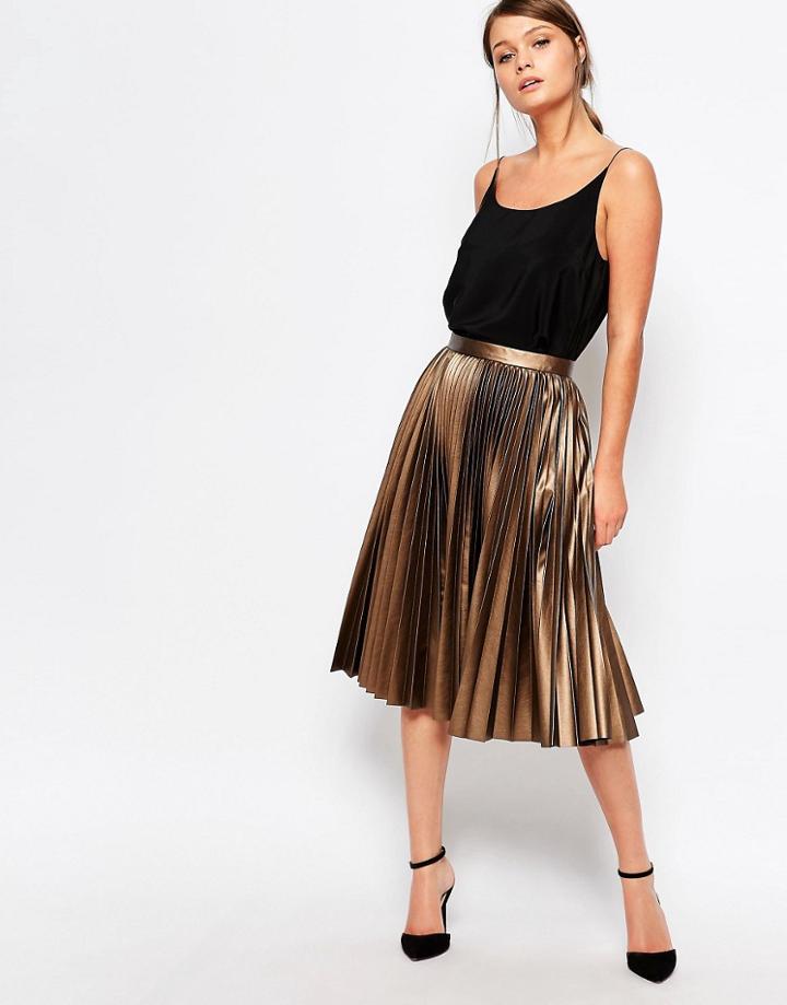 Closet Pleated Coated Midi Skirt - Bronze