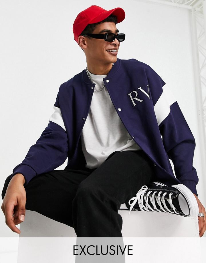 Reclaimed Vintage Inspired Relaxed Jersey Bomber Jacket With Flag Embroidery In Navy