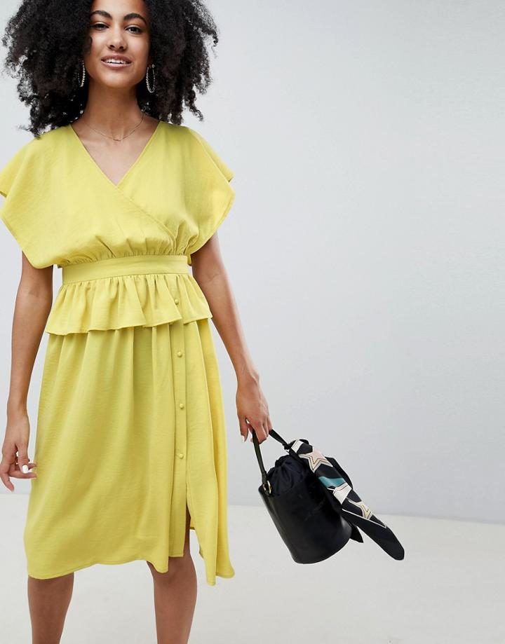 Lost Ink Midi Kimono Dress With Peplum Tie Waist - Green