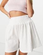 Asos Design Short With Shirred Waist In Puffed Texture In White-neutral