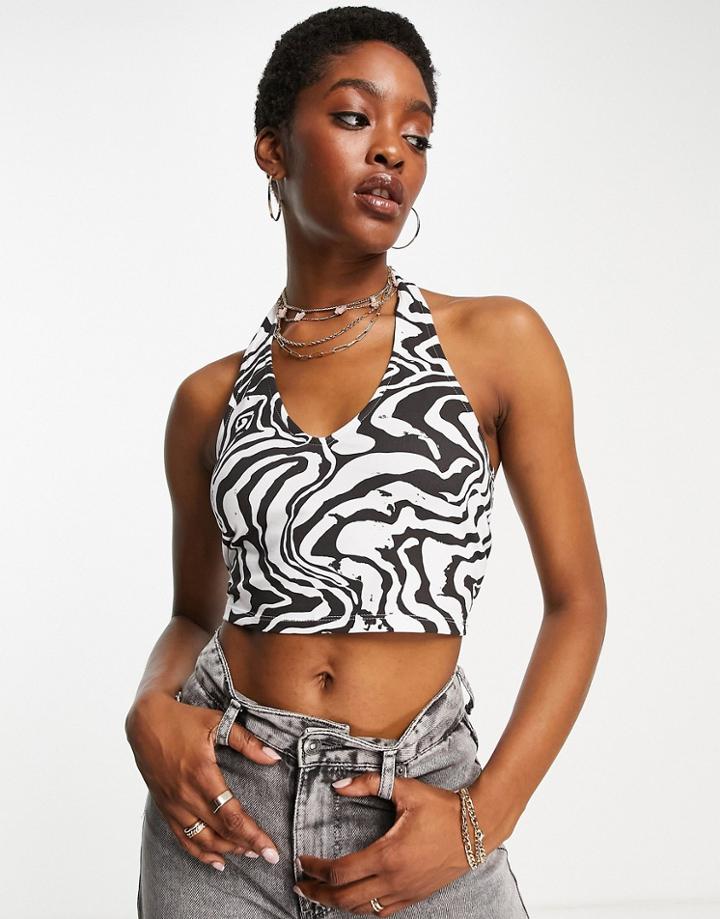 Topshop Zebra Halter Crop Top In Mono-multi