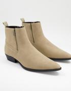 Asos Design Stacked Heel Western Chelsea Boots In Stone Faux Suede With Zips-neutral