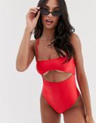 Asos Design Skinny Strap Super Crop Underboob Swimsuit In Shiny Red - Red