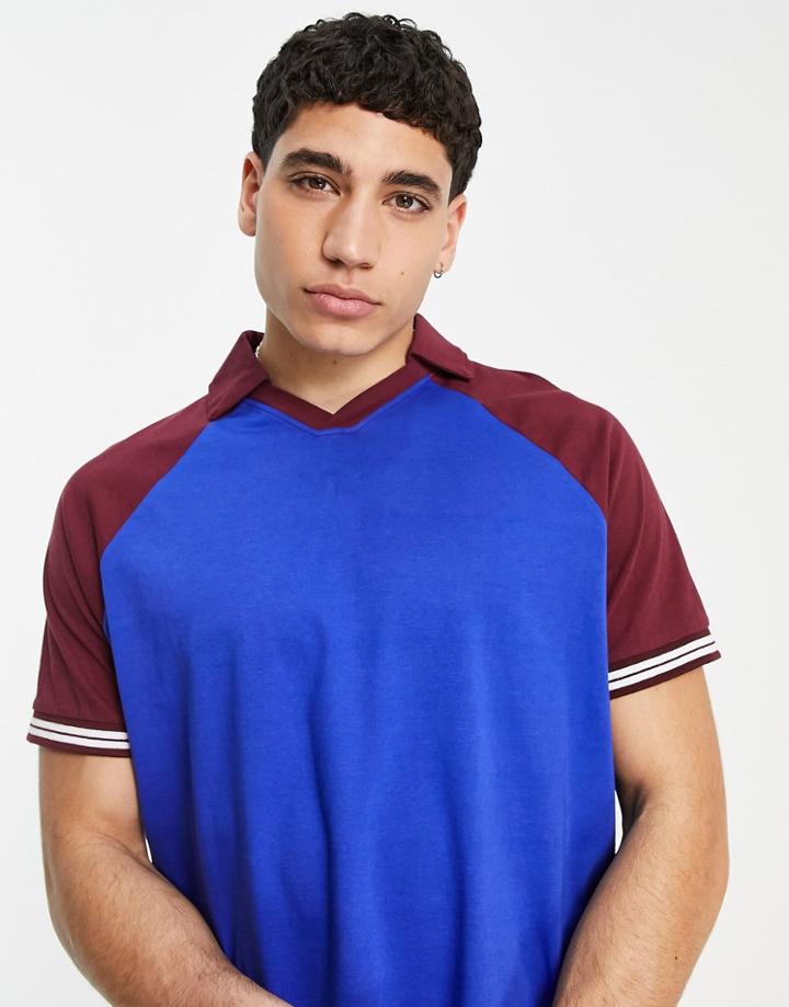 Asos Design Relaxed Revere Polo T-shirt In Blue With Purple Raglan Sleeve