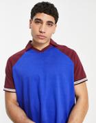 Asos Design Relaxed Revere Polo T-shirt In Blue With Purple Raglan Sleeve