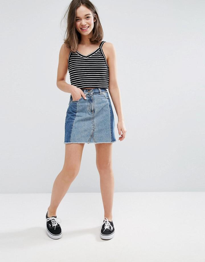 Monki Contrast Patchwork Mini Denim Skirt - Blue