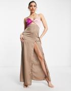 Saint Genies V-neck Contrast Spliced Satin Maxi Dress In Multi