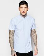 Minimum Shirt With Grandad Collar & Short Sleeves In Blue - Light Blue