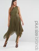 Lovedrobe Pleated Sleeveless Midi Dress With Asymetric Hem - Green