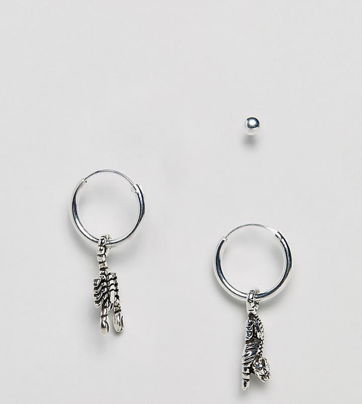 Asos Design Sterling Silver Statement Hoop Earrings With Animal Charms And Stud - Silver