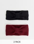 Asos Design 2 Pack Rib Headband In Recycled Polyester In Black & Burgundy