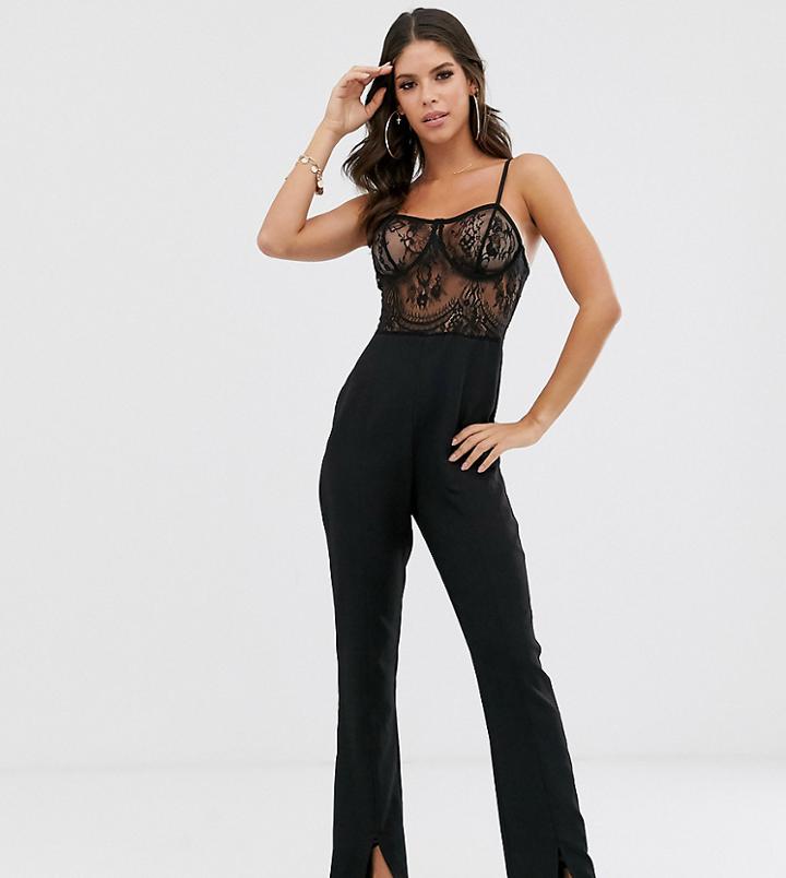 Missguided Tall Lace Top Jumpsuit With Split Leg In Black