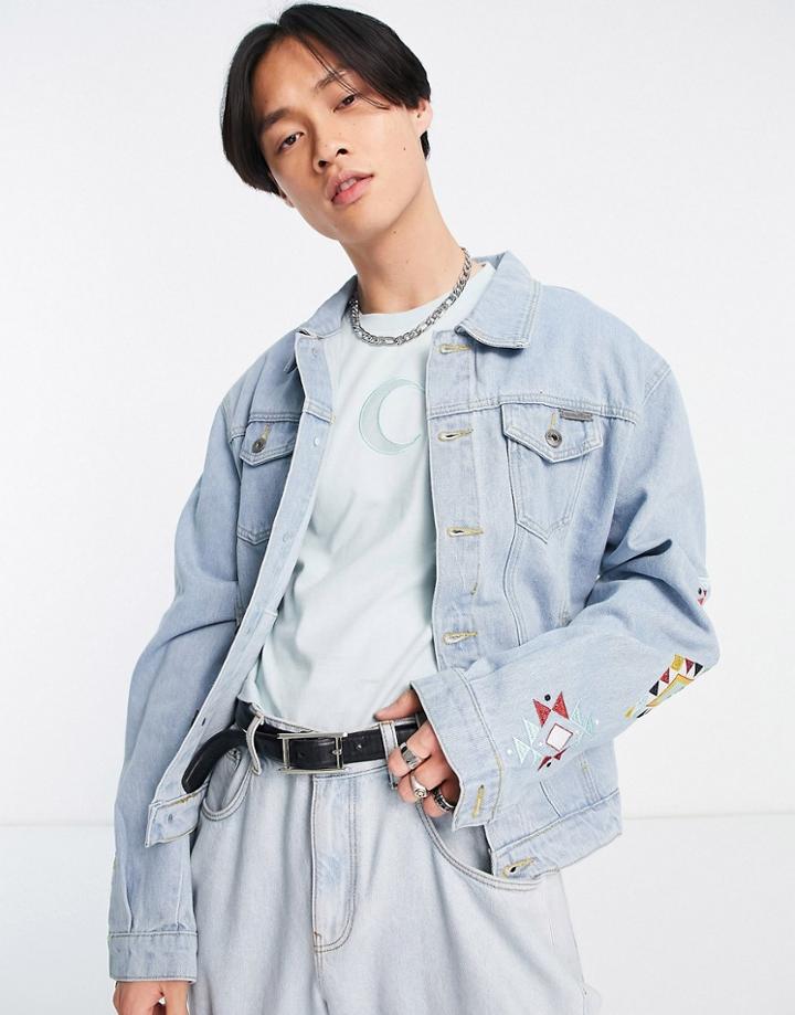 Liquor N Poker Oversized Trucker Jacket In Lightwash Blue Denim With Pattern Embroidery - Part Of A Set