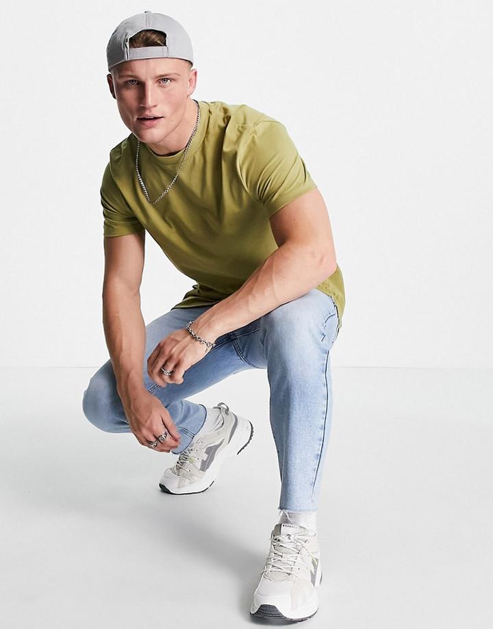 Asos Design Longline T-shirt With Side Slits In Khaki-green