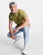 Asos Design Longline T-shirt With Side Slits In Khaki-green