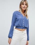 Love Long Sleeve Cropped Top With Button Front Detail - Blue