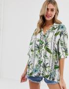 Asos Design Short Sleeve Longline Shirt In Hawaiian Tropical Print-multi