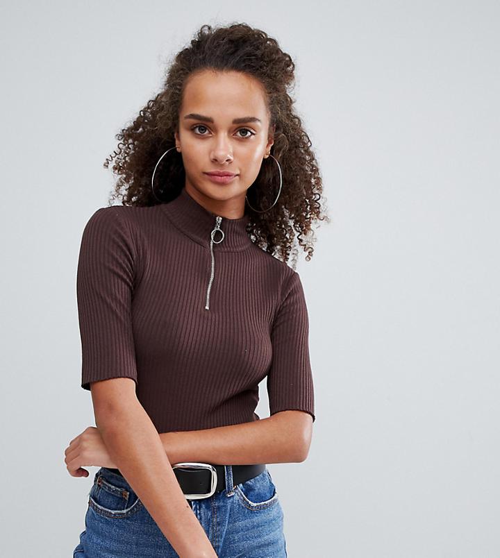 Bershka Zip Front Top With Short Sleeve-brown