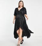 Flounce London Plus Wrap Front Midi Dress With Flutter Sleeves In Black Satin