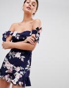 Parisian Off Shoulder Floral Romper With Crochet Trim - Navy