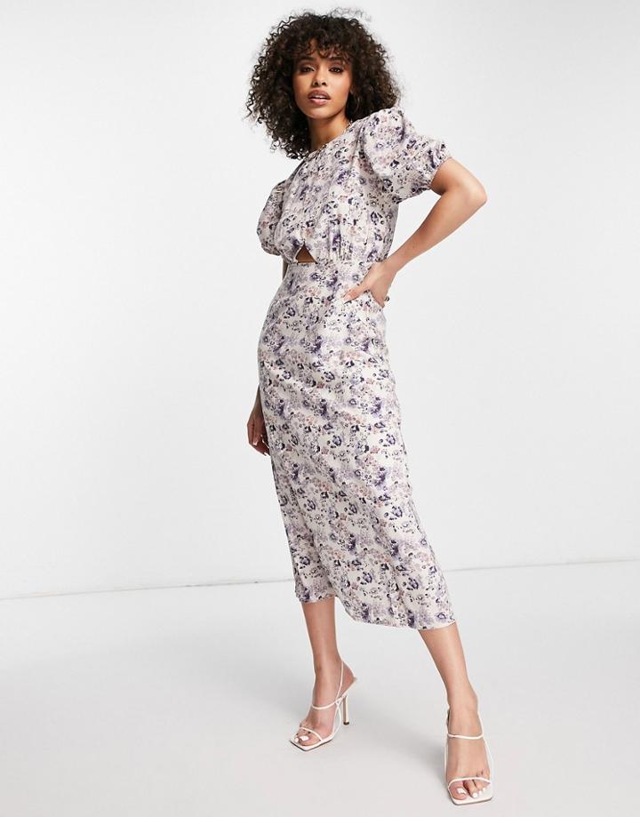 Missguided Puff Sleeve Cut Out Midi Dress In Floral In Lilac-purple