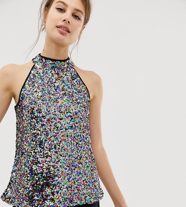 Warehouse Halter Neck Top In Rainbow Sequin - Multi