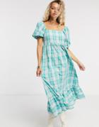 Vintage Supply Midi Smock Dress With Ouff Sleeves And Peplum Hem In Vintage Check-green