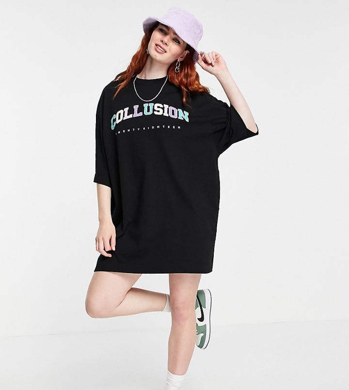 Collusion Varsity Print T-shirt Dress In Black