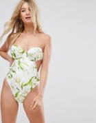 Asos Fuller Bust Riviera Floral Print Cupped Frill Bandeau Swimsuit Dd-g - White