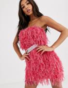 Asos Design Rhinestone Belt Faux Feather Mini Dress-pink