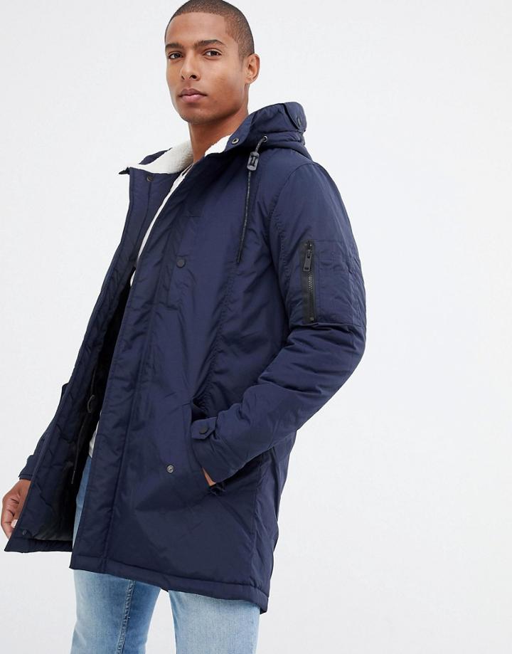 Brave Soul Fleece Lined Hooded Parka Jacket-navy