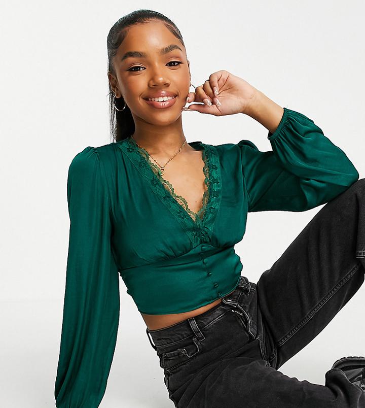 Stradivarius Satin Button Detail Romantic Blouse In Dark Green