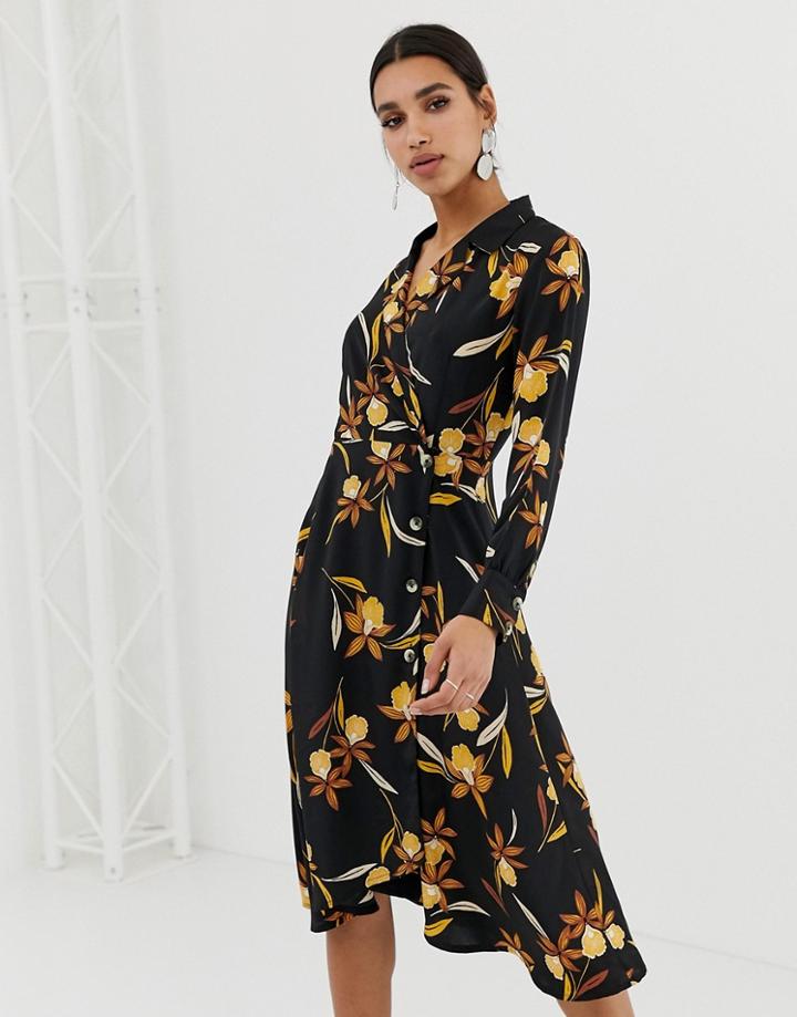 Neon Rose Button Wrap Midi Dress In Romantic Floral Print - Black
