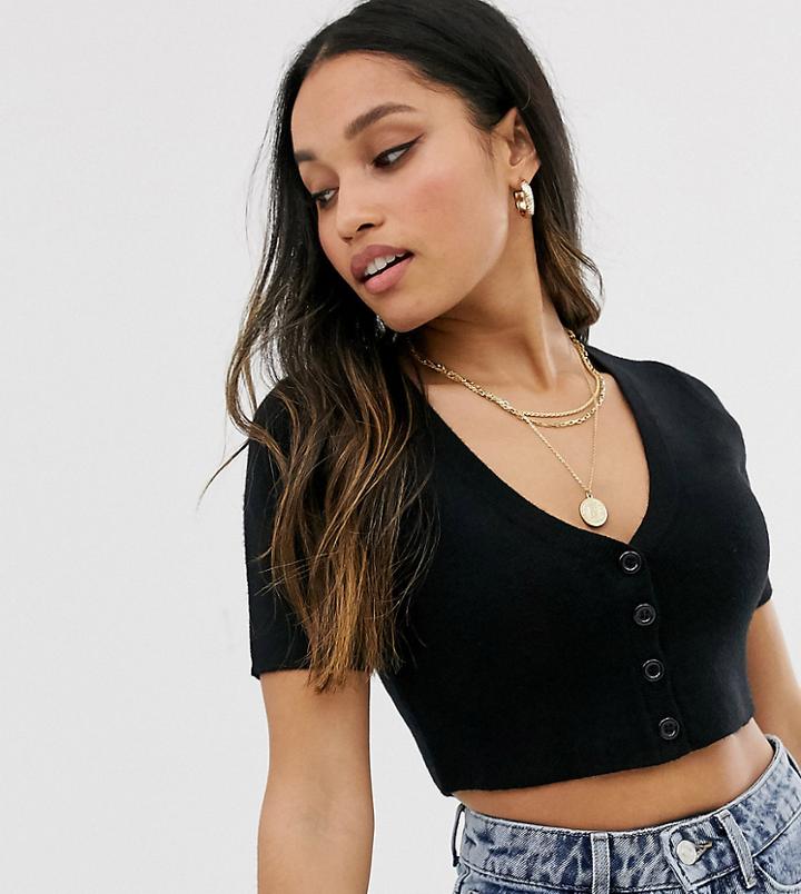 Fashion Union Petite Cropped Short Sleeved Cardigan - Black