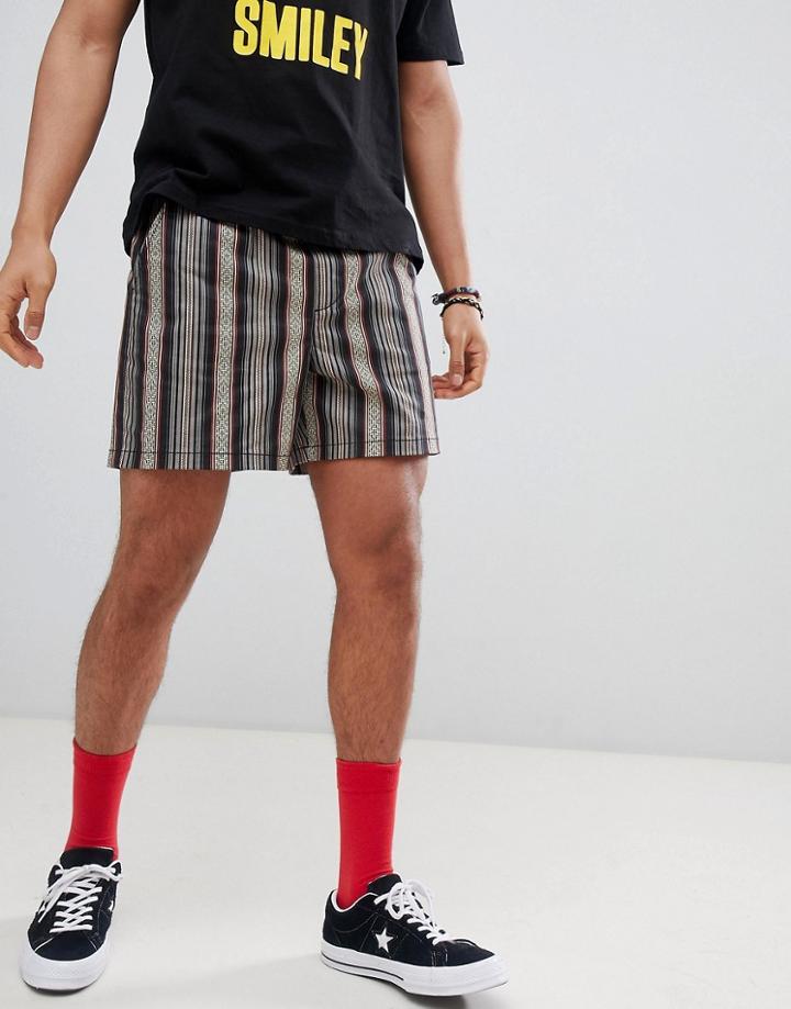 Asos Design Festival Slim Shorts With Elasticated Waistband In Gray Geo-tribal Stripe Print - Gray