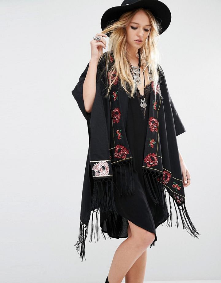 Young Bohemians Oversized Kimono With Floral Embroidery And Tassel Trims - Black