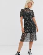 Miss Selfridge Mesh Midi Dress In Ditsy Print - Black