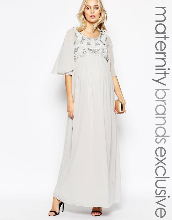 Maya Maternity Sequin Embellished Bodice Maxi Dress With Flared Sleeves - Gray