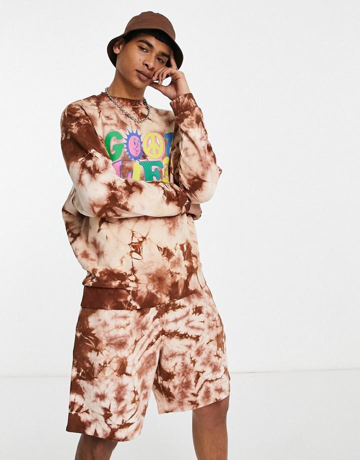 Asos Design Oversized Jersey Shorts In Brown Tie Dye - Part Of A Set